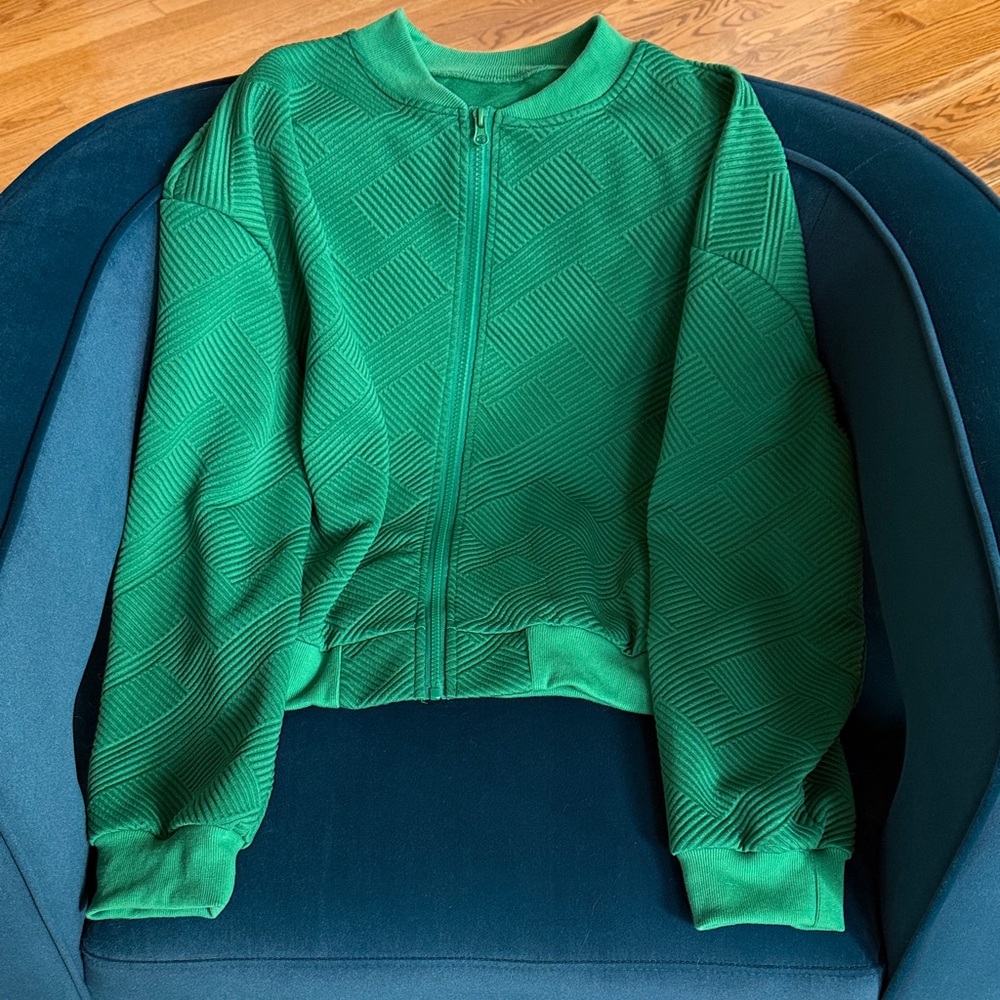 Women's Green Textured Bomber Jacket - Lightweight Zip Front